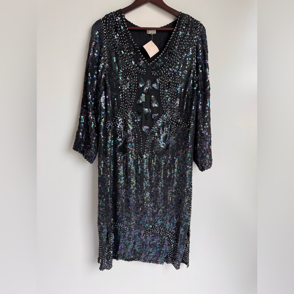 Vintage Turquoise‎ 100% Pure Silk Sequined Beaded Gatsby Midi Dress Size M